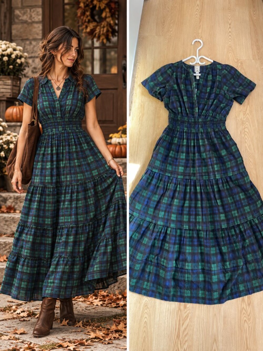 Léa Green Navy Plaid Tartan Cotton Tiered Maxi Dress Smocked Waist Preppy XL